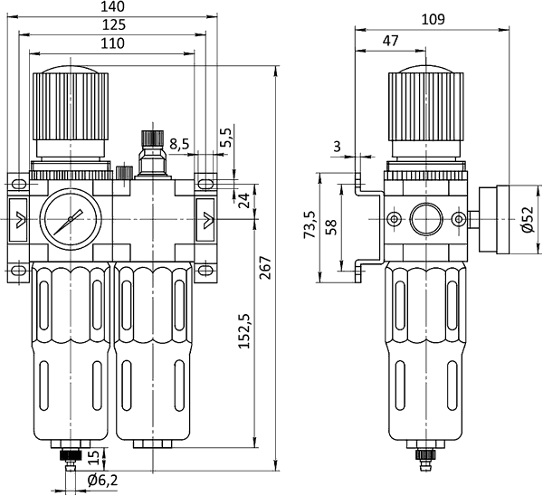 Чертеж блока подготовки воздуха G3/8’’, G1/2’’ або G3/4’’ типоразмера SA-CN40