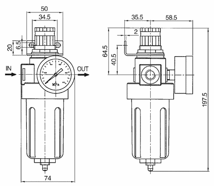 Габаритные размеры фильтра-регулятора с присоединительной резьбой 1/2 дюйма, модель SA-WM40-15