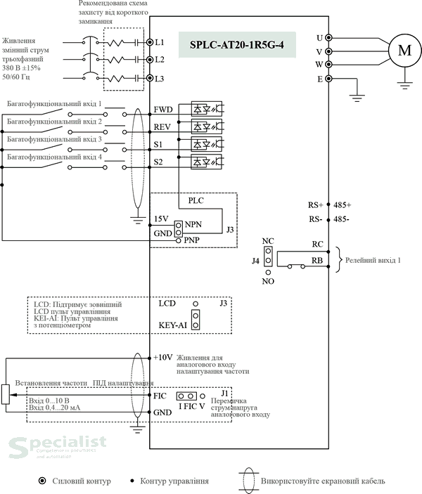 Схема подключения частотника SPLC-AT20-1R5G-4