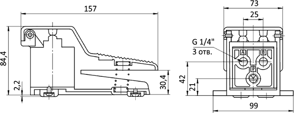 Креслення педалі-пневморозподілювача 5/2 серії SV-K-FS-52-08 з одностороннім управлінням