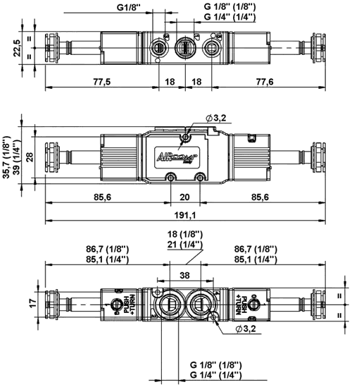 2D креслення електропневматичного розподільника 5/2 AIRCOMP з 2 електромагнітними котушками