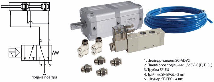 Схема підключення пневмоциліндра-тандему