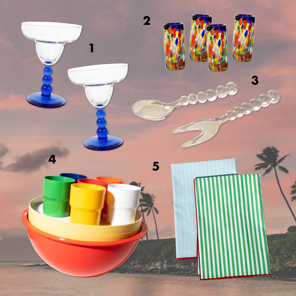 vintage daiquiri glasses, shot glasses, picnic set, green striped napkin set, and salad fork & spoon overlaid on a beach picture
