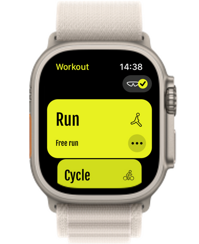 An apple watch with strava on its screen. the option being displayed says "RUN"