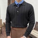 Spring Knitted Sweater Striped Polo Shirt