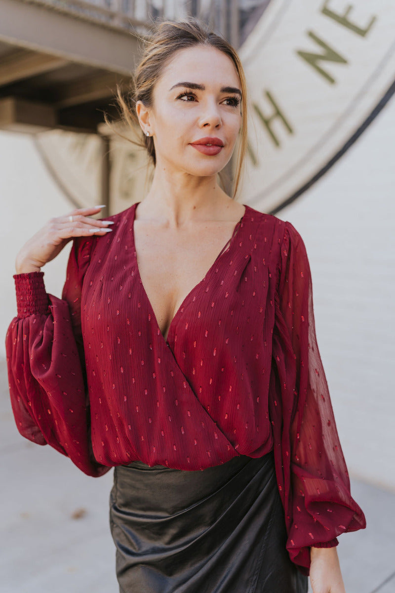 Burgundy Surplice V Neck Bubble Sleeve Velvet Bodysuit