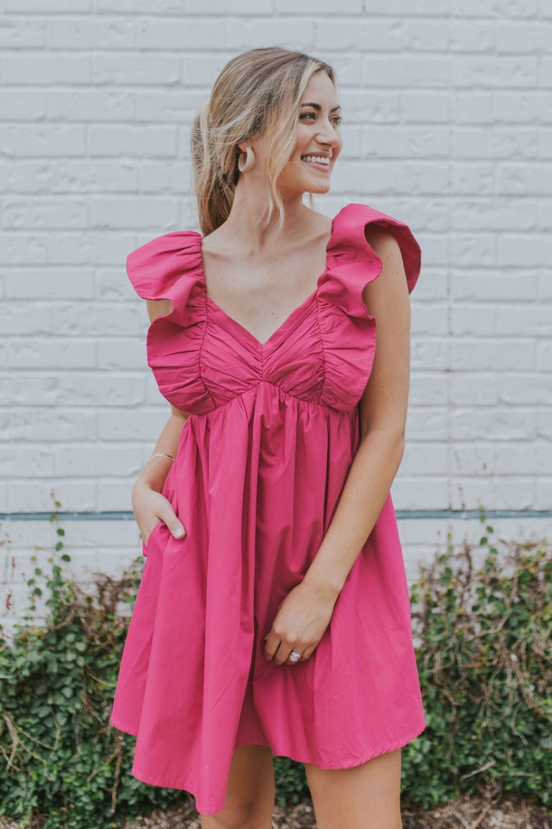 I'm Smitten Dress in Pink | Ruched Strapless Mini Dress – LIZARD 