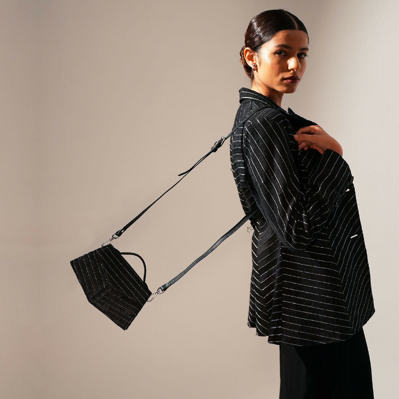Handwoven Kendal Bag, Black with Silver Zari