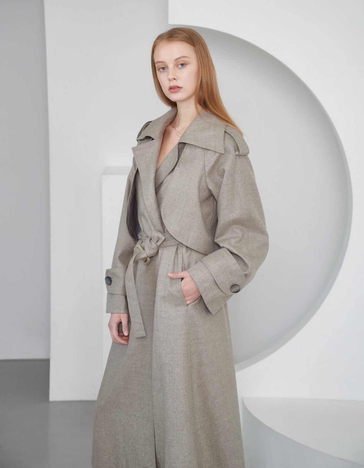 Classical Wool 100% Trench Coat-Dress_Melange-Greige | NOT JUST A LABEL