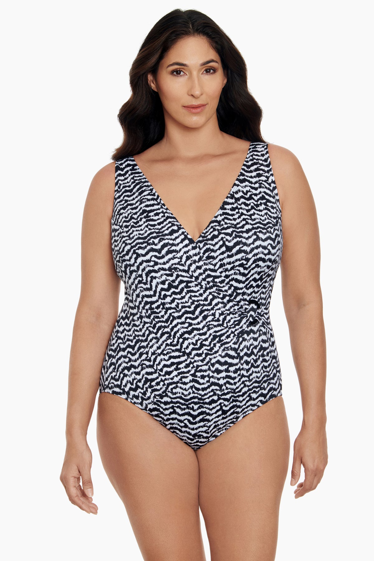 Longitude Plus Size Side Tie Draped Surplice Long Torso One Piece Swimsuit  Jungle Boogie – Longitude Swim