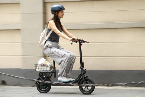 Electric scooter with seat, cargo hauling feature, Porto Max electric scooter