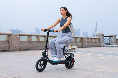 Port Max is an electric scooter with a seat from Hovsco, with the rear rack it has cargo hauling ability