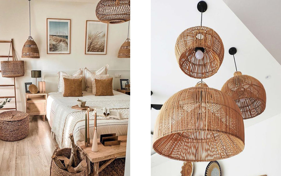 luminaires suspendus en bois naturel dans une chambre aux textiles et aux tons chauds