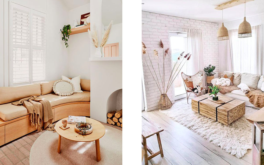 meubles en rotin et plaid dans un salon boho chic naturel