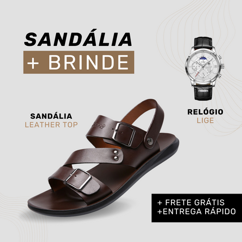 Sandália Masculina de Couro Legítimo - Leather Top + Relógio de Couro (brinde grátis)