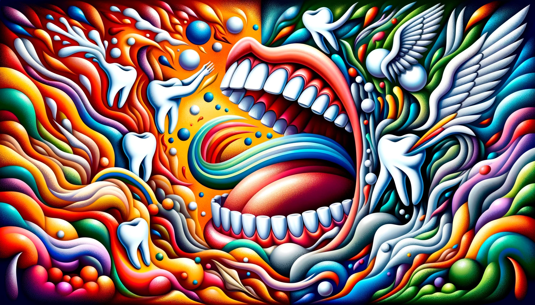 An abstract art piece that symbolically represents the tussle between bad breath and fresh breath, using vibrant colors and imaginative imagery.