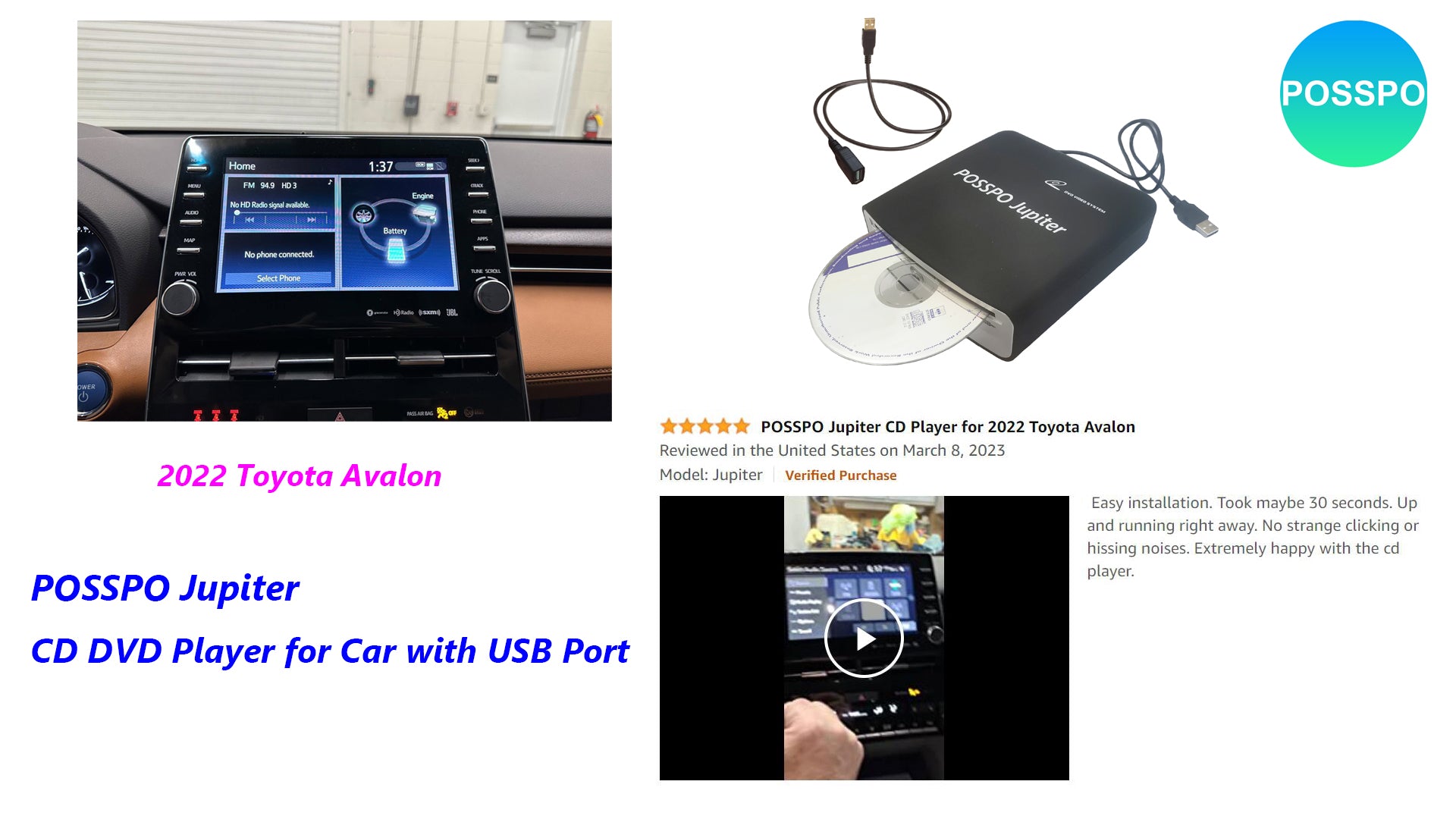 POSSPO Jupiter CD Player for car 2022 Toyota Avalon USB external DVD player