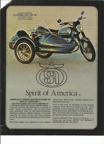 Sales brochures of The Spirit Of America sidecar company from 1974.