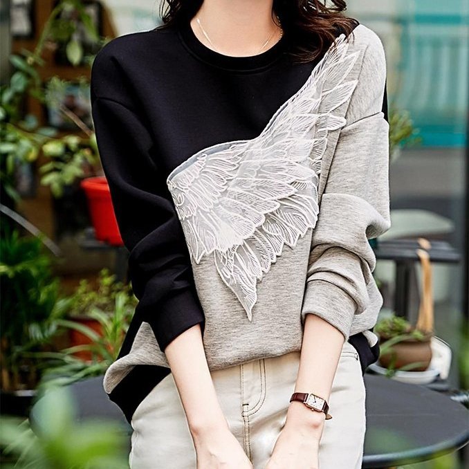 Black Abstract Feather-Trimmed Casual Shirts & Tops