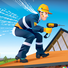 An artist impression of a roofer who is busy installing a roll of permastop blanket onto a roof. The Permastop Blanket is also known as Anticon Blanket