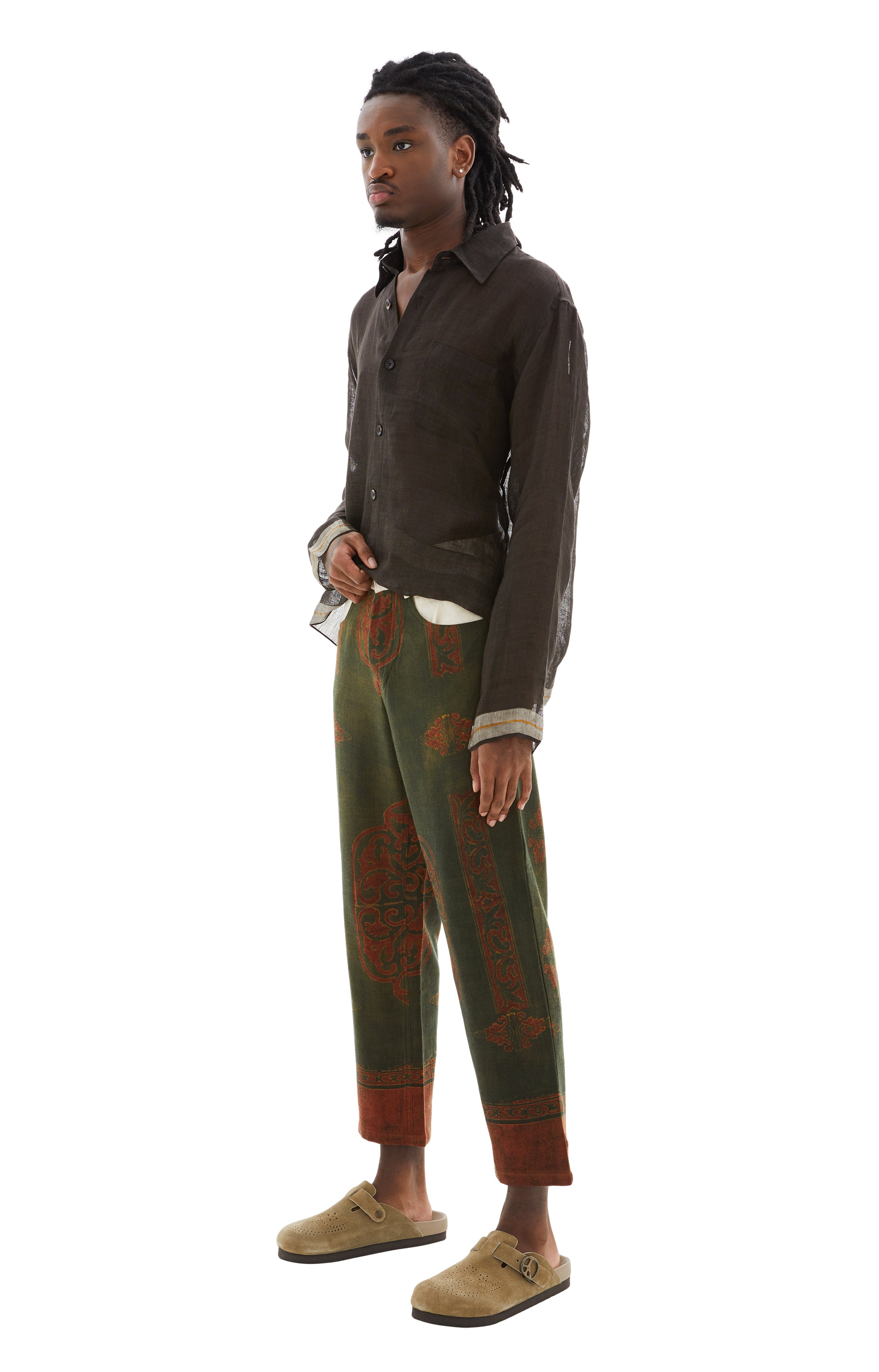 Shop Kartik Research Hand Woven Wool Work Pants In Ecru/emerald/orange