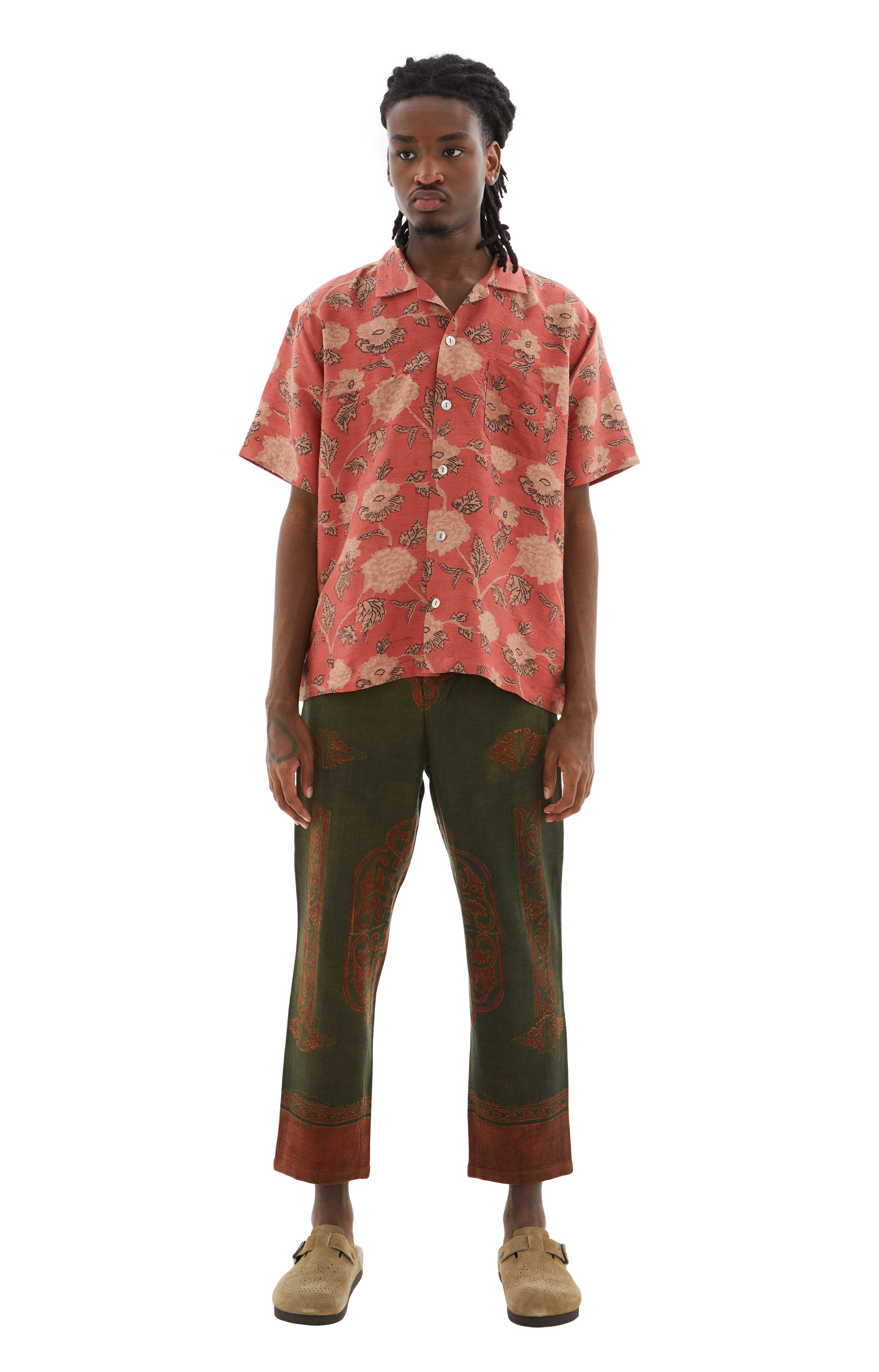 Shop Kartik Research Floral Printed Camp S/s Shirt In Faded Red/indigo