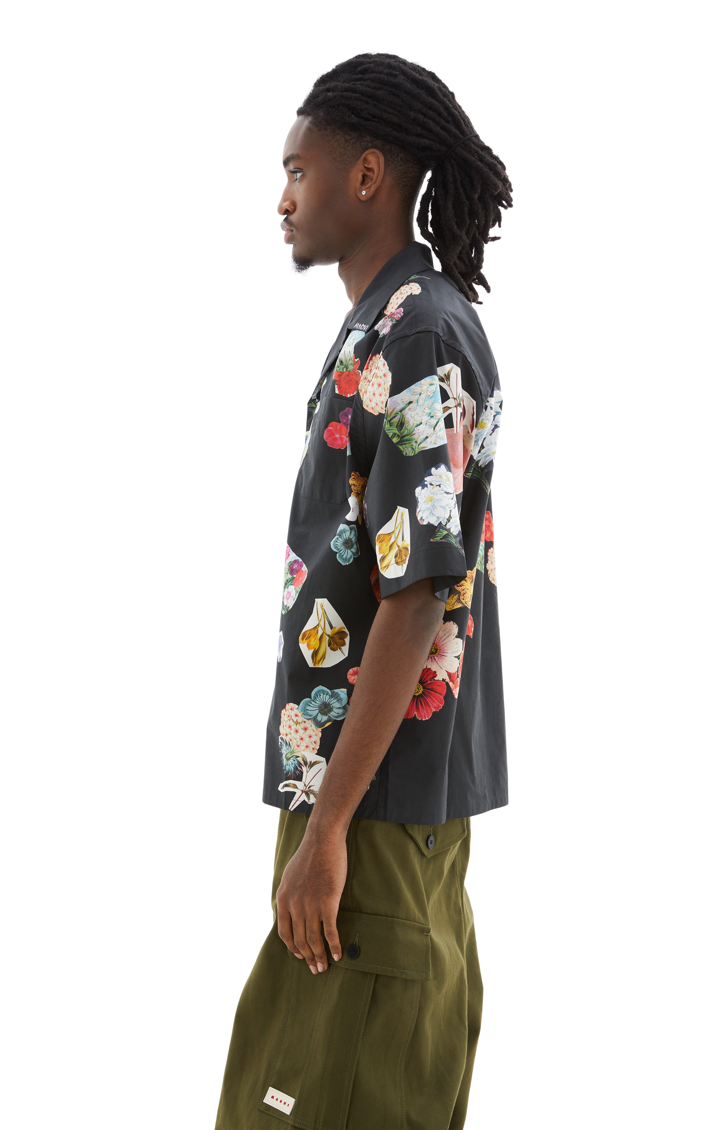 Shop Marni Bowling Flower Printed Cotton Short Sleeve Shirt In Black