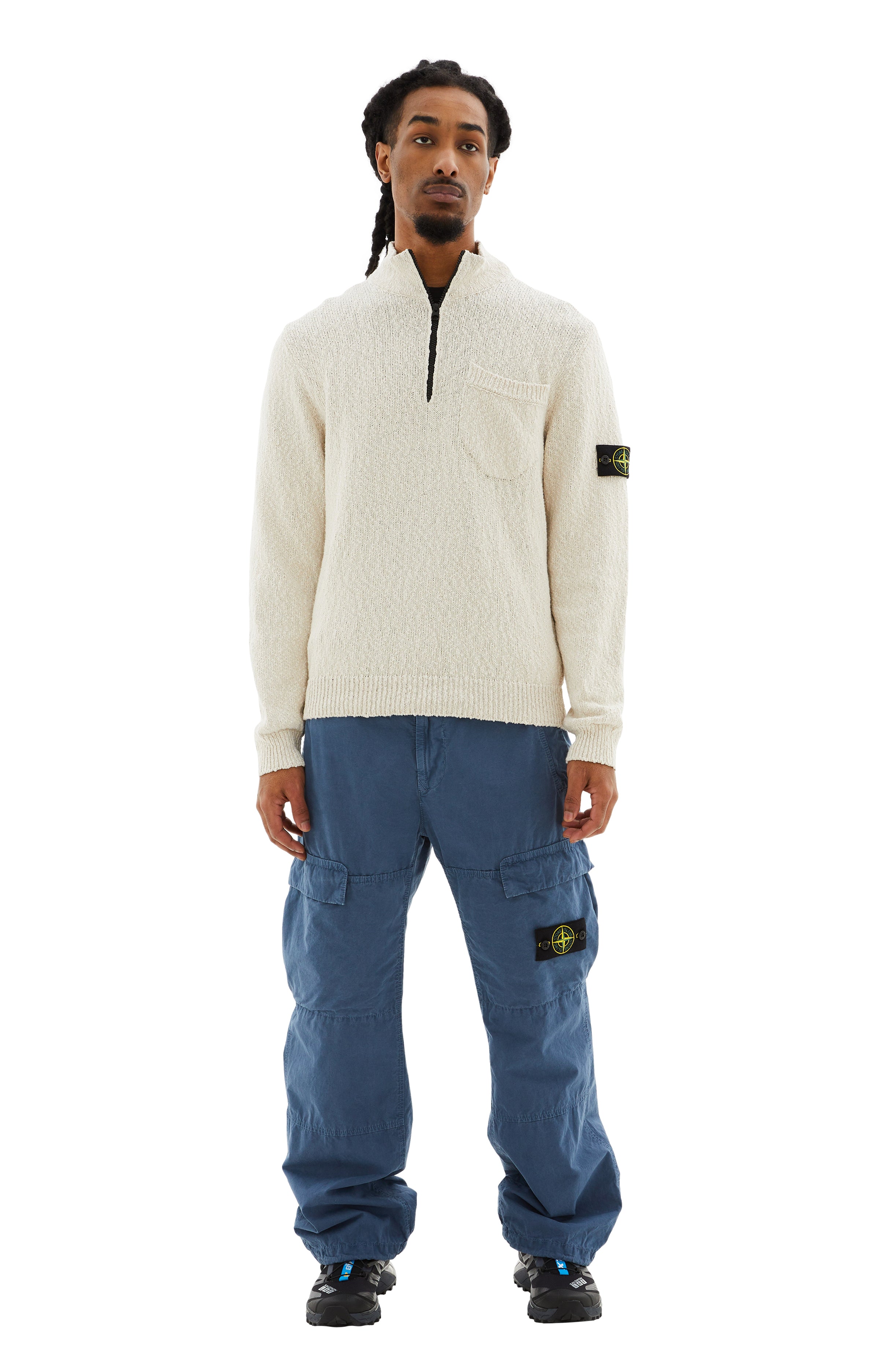 Shop Stone Island Zip-up Cotton Linen Dyed Sweater In Natural Beige