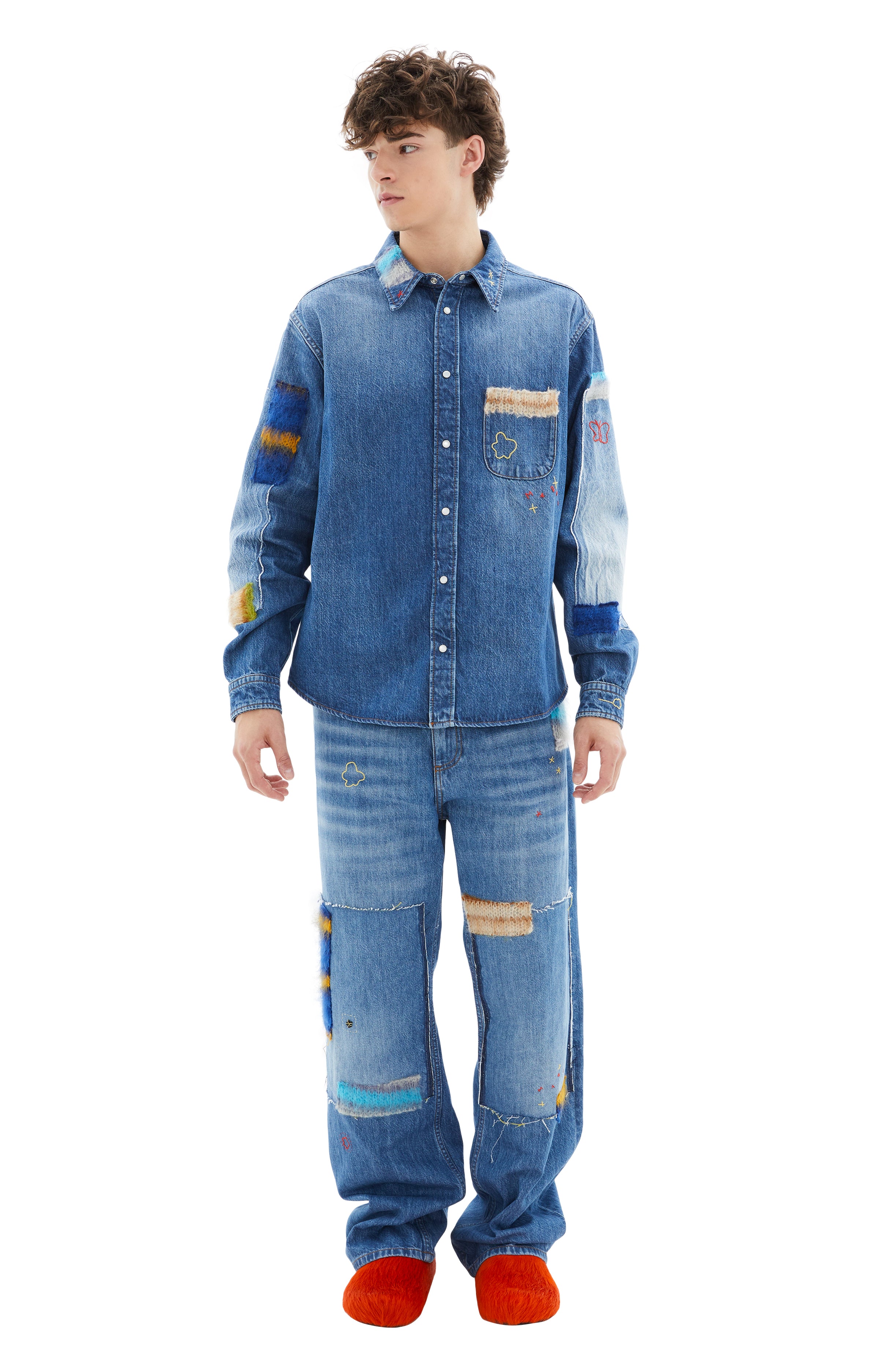Shop Marni L/s Shirt W/mohair Patches In Sdb50 Iris Blue
