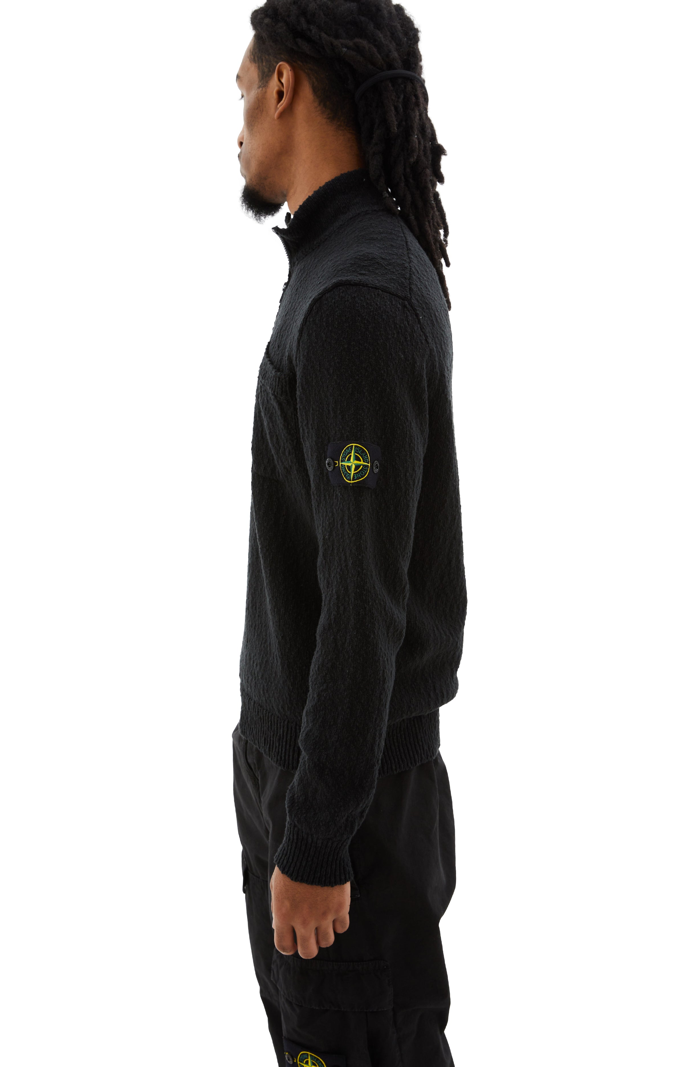Shop Stone Island Zip-up Cotton Linen Blend Sweater In Black