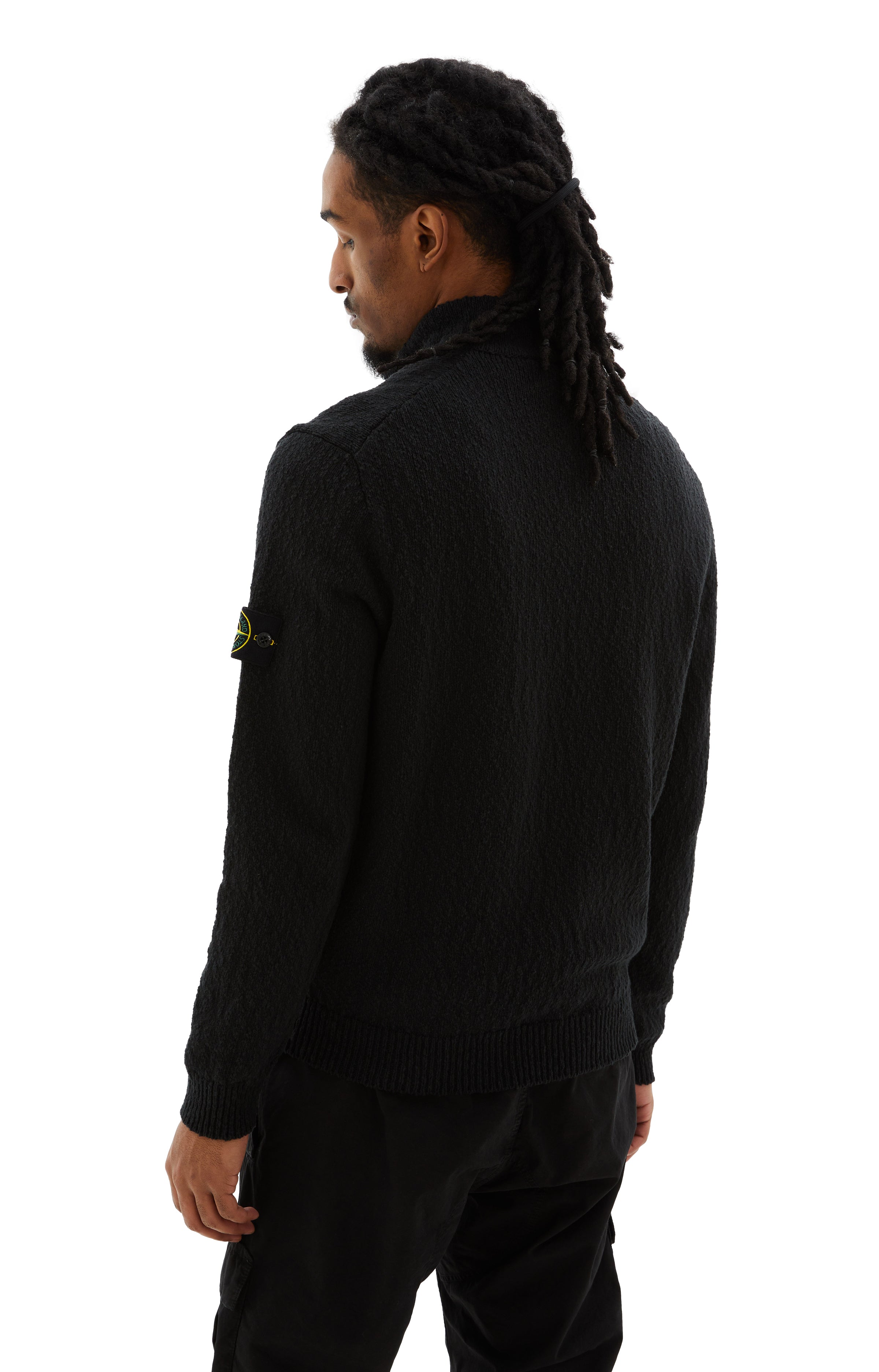 Shop Stone Island Zip-up Cotton Linen Blend Sweater In Black