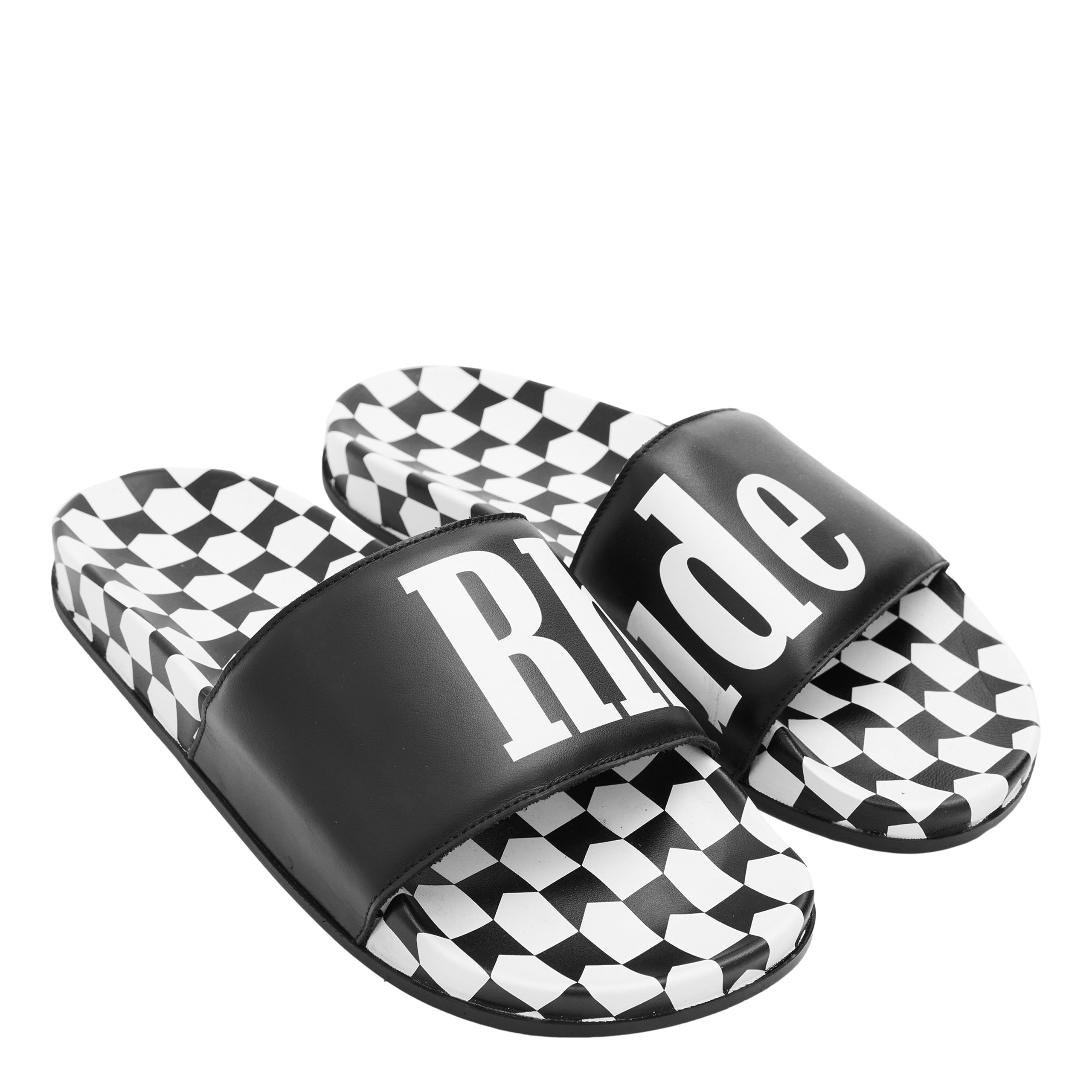 Shop Rhude Checkered Leather Slide In Black/vtg White