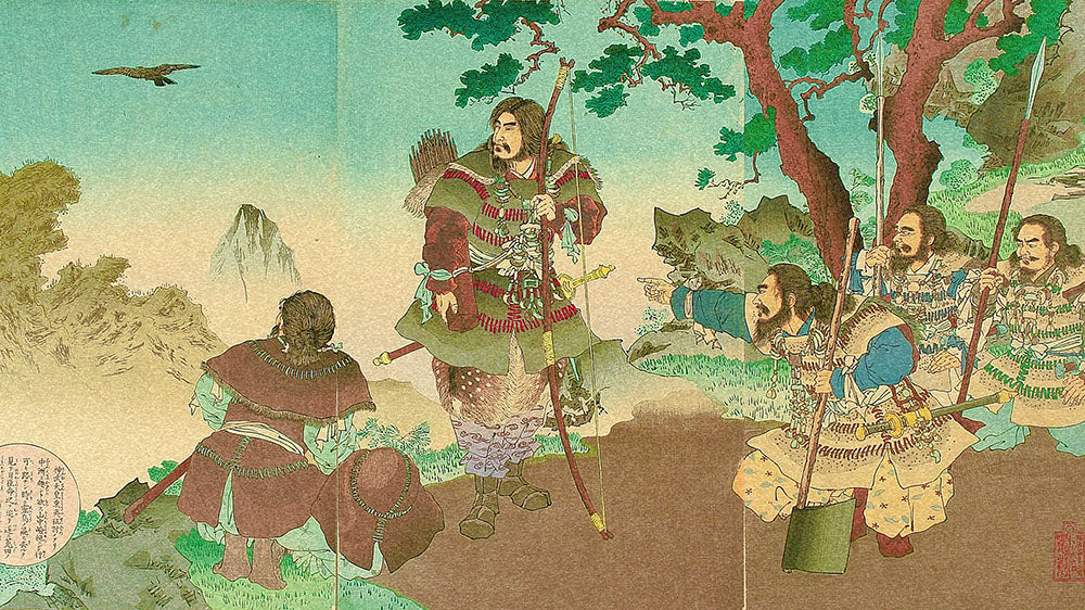 Emperor Jimmu being led by the Yatagarasu