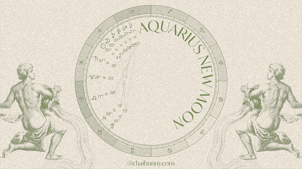 Vintage style illustration of an Aquarius zodiac sign with a new moon chart, aligning with the celestial event