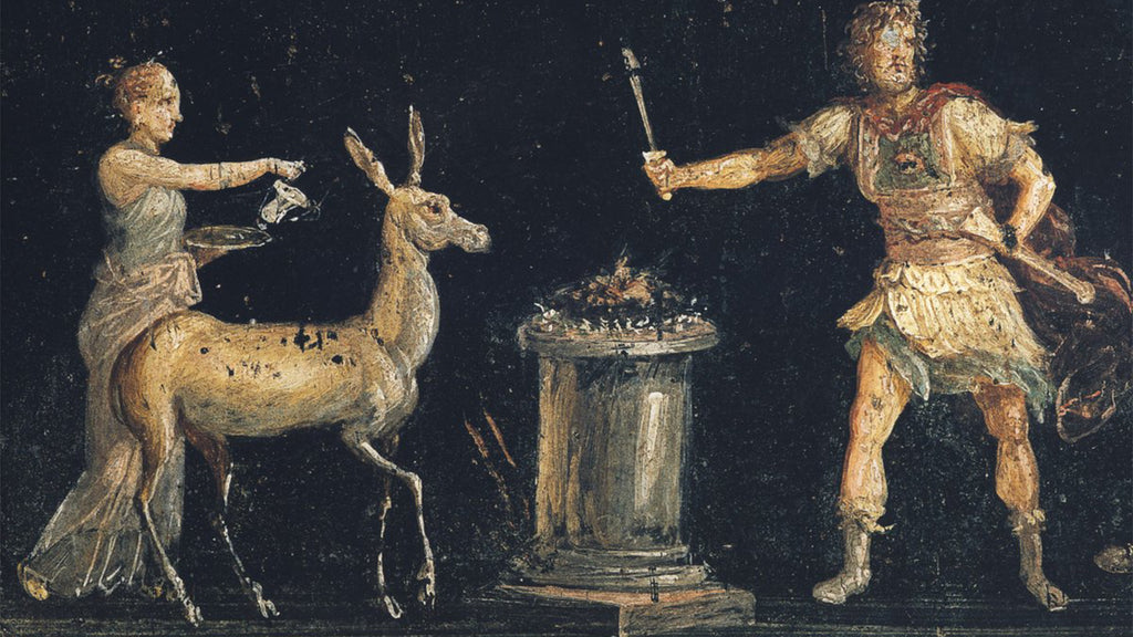 An ancient Fourth-Pompeian-Style Roman wall painting depicting a scene of sacrifice in honor of the goddess Diana; she is seen here accompanied by a deer. The fresco was discovered in the triclinium of House of the Vettii in Pompeii, Italy.