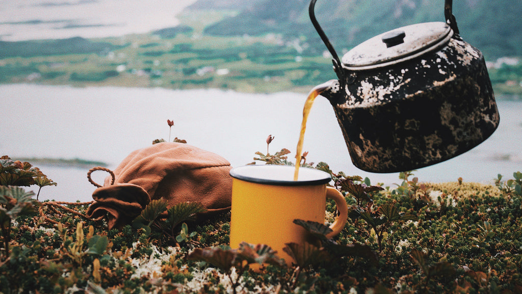 Image captures a serene moment in nature, symbolizing reflection and anticipation fitting for the 'Wrap Up + What's Next?' section. A foreground of lush, low-lying vegetation and delicate wildflowers sets the stage. Amidst this verdant setting, a warm, earth-toned cloth bundle with rustic ties rests, perhaps holding treasures or tools used during the Full Blood Moon in Taurus rituals. Just next to it, a vibrant yellow mug stands, capturing a stream of fresh brew pouring from a weathered, blackened kettle, hinting at a moment of pause and refreshment. The background reveals a soft-focus landscape of a tranquil lake, bordered by green terrains, evoking a sense of expansive possibility and future explorations under forthcoming moon phases.