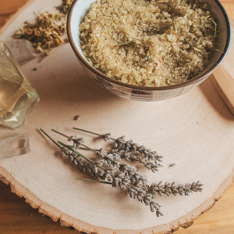 DIY Full Moon Salt Scrub in Japanese Ceramic Bowl, Lavender Sprig, and Moon Water