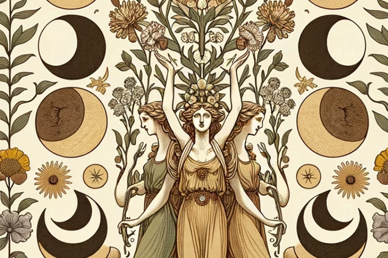 An illustrated depiction of the triple form of the goddess Hekate, flanked by two identical figures, all in flowing classical robes. They are set against a cream background adorned with botanical and lunar motifs.