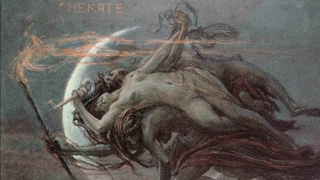A 1901 pastel painting by Maximilian Pirner depicting Hekate, the ancient goddess, in a dynamic and ethereal form. She is shown with a fiery torch aloft, set against a backdrop of a luminous full moon, symbolizing her association with the night and her role as a guide through darkness. The name 'HEKATE' is inscribed above her in the dimly lit, mystical atmosphere of the artwork.
