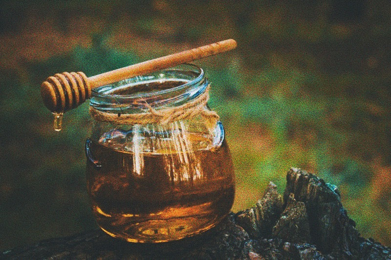 A jar of luscious, golden honey with a wooden spoon, delicately suspended over its rim. Glistening drops of honey cascade from the spoon, symbolizing the pure sweetness and natural abundance that bees bring forth. This evocative image captures the essence of bees, green witchcraft, and spirituality, celebrating the sacredness of nature's gifts.