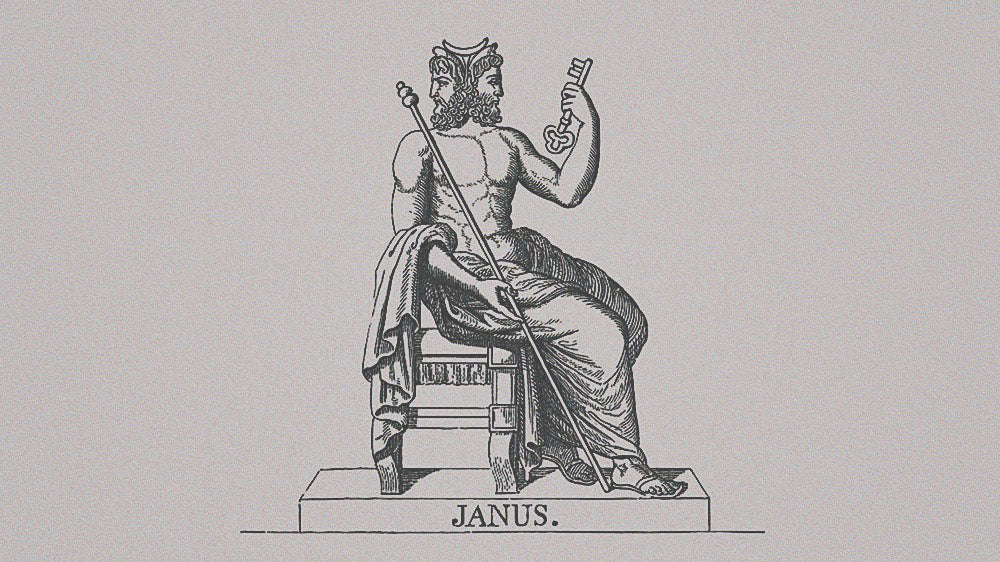 A vintage illustration of the two-faced Roman god Janus, representing transitions, time, and duality, aligning with themes of the December Moon and deity work in the winter months.