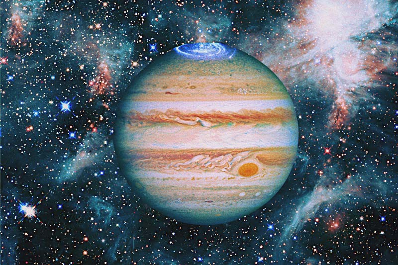 Planet Jupiter glowing amidst brightly shining stars in the dark expanse of space, representing the concept of Jupiter Retrograde in Taurus and the mantra 'Slow your roll, big things take time.