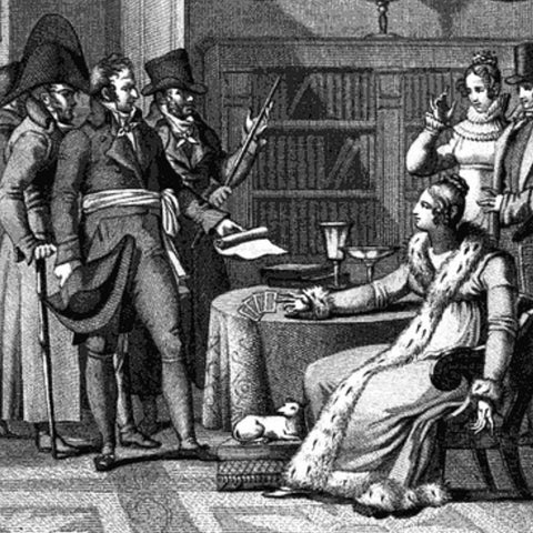 Marie-Anne Lenormand arrest engraving, famous French cunning folk, from book frontispiece Les Souvenirs prophétiques d'une sibylle, depicting her during her arrest