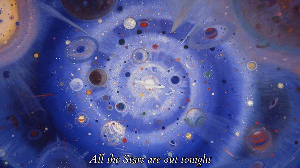 A cosmic scene showing a spiral of stars and planets in space, accompanied by the text "All the Stars are out tonight."
