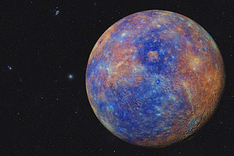 Planet Mercury suspended in deep space, representing the concept of Mercury Retrograde in Virgo and the endless pursuit of perfection.