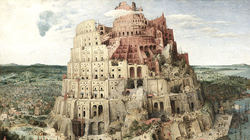 the painting "The Tower of Babel" (1563)  by Pieter Bruegel representing the tower card in tarot