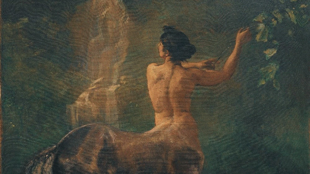 Painting of a centauress under a December moon, embodying the spirit of Sagittarius. With her human torso rising from a horse's body, she reaches out to a branch, as if to touch the moon. The scene blends mythology with astrology, reflecting the adventurous and free-spirited nature of Sagittarius against a backdrop of an ancient oak tree bathed in the soft moonlight.