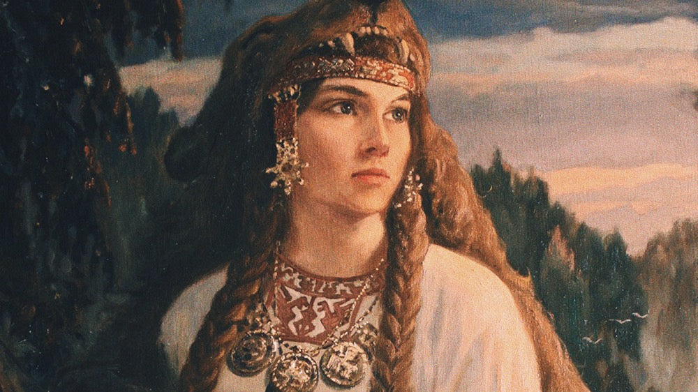 Portrait of a Slavic forest and hunting goddess, possibly Devana, set against a twilight backdrop. Her gaze is contemplative and strong, capturing the sagacious energy of the New Oak December Moon in Sagittarius. Adorned with traditional jewelry and an intricate headdress, her appearance is regal and embodies the untamed spirit of the wilderness, resonating with the adventurous and free-spirited nature of Sagittarius.