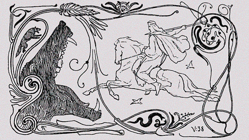 A sketch of the Norse god Odin and the Fenris Wolf, illustrating themes of challenge and triumph relevant to Capricorn's energy during the New Wolf Moon.