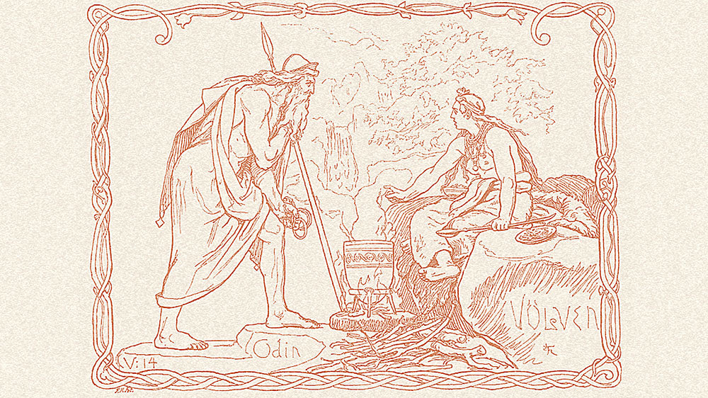 This illustration appears to be in the style of a traditional Norse artwork, depicting a scene with two figures framed within an intricate border. The male figure is labeled "Odin," the chief god in Norse mythology, identifiable by his characteristic cloak and hat, and he seems to be in a listening or questioning stance. The female figure could be a völva, a seeress in Norse lore, and is seated with what appears to be a bowl and a staff, traditional symbols of prophetic ritual.